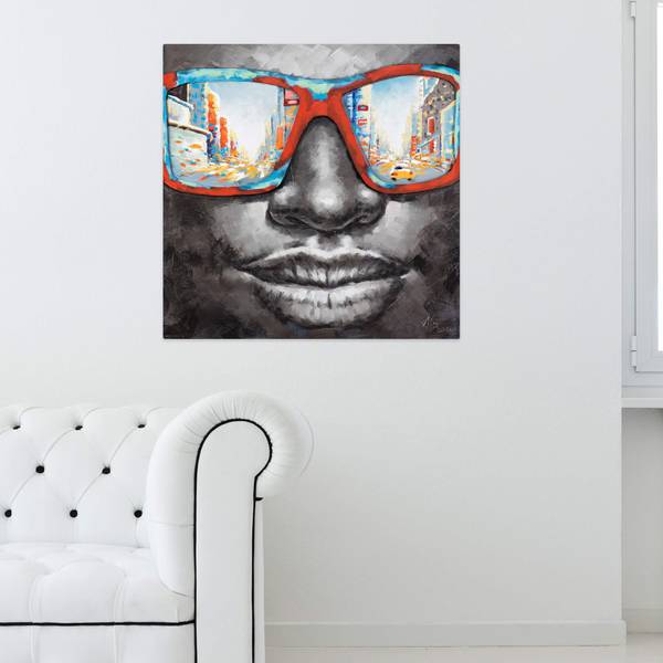 Acrylbild Handgemalt Gesicht Zil Grau - Baumwollstoff - 80 x 80 x 4 cm