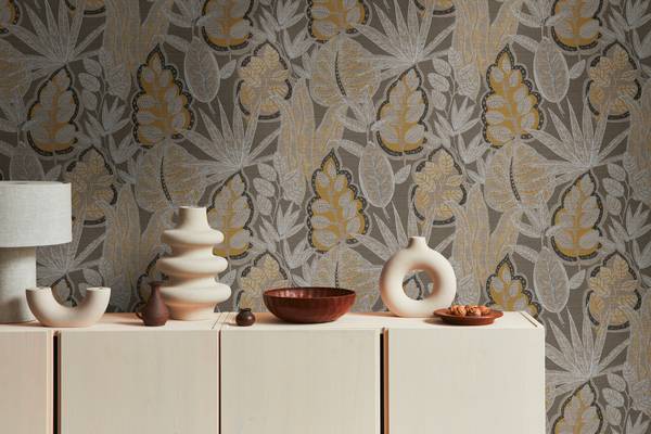Botanische Vliestapete Pflanzen Braun - Orange - Taupe - Weiß