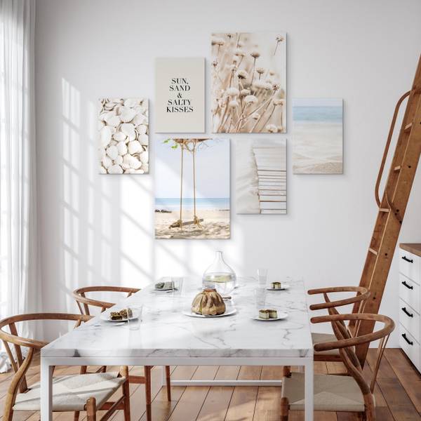 Set De Tableaux Plage Plantes Citation Beige - Bleu - Blanc - Lin - 90 x 80 x 80 cm