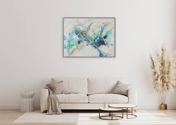 Peinture acrylique Tourbillon Ayden Gris - Turquoise - Coton - 103 x 78 x 5 cm