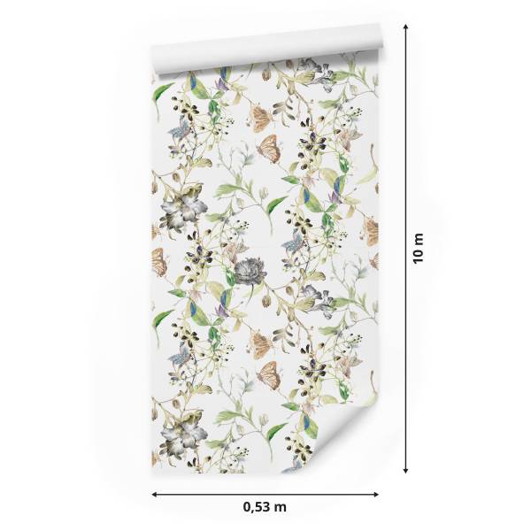 TAPETE Blumen Schmetterlinge Vintage Beige - Blau - Braun - Grau - Grün - Weiß - Papier - 53 x 1000 x 1000 cm