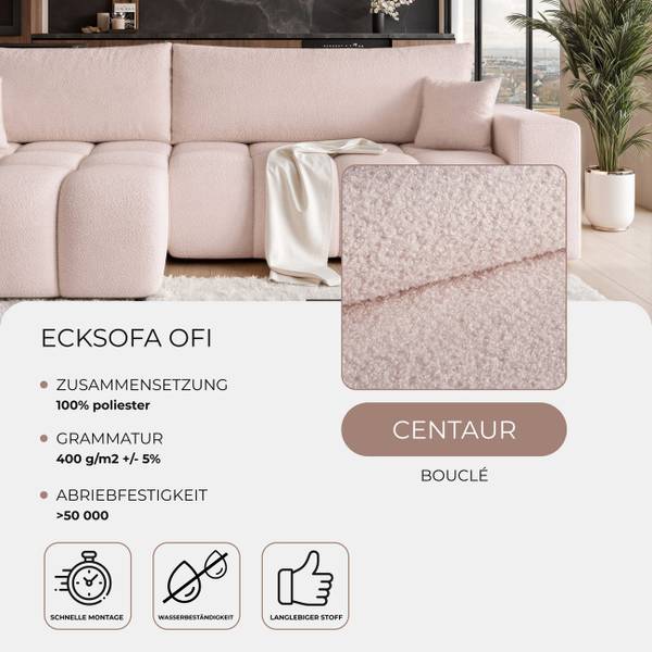 Polsterecksofa OFI mit Schlaffunktion Pink - Holzwerkstoff - 278 x 79 x 145 cm
