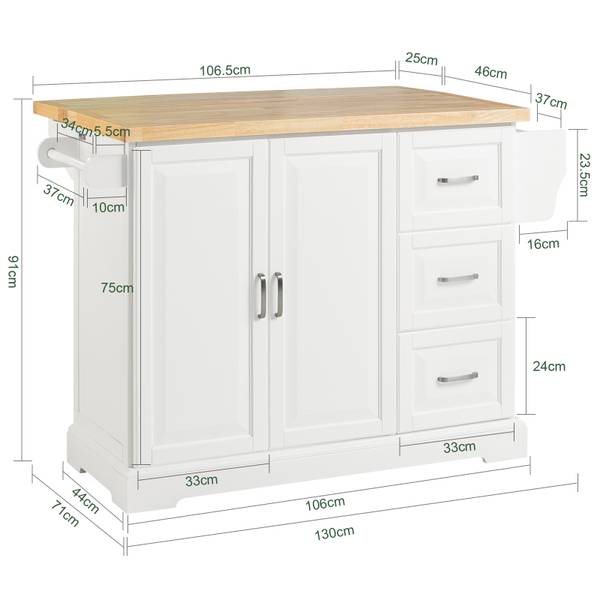 îlot de cuisine FKW41-WN Blanc - Bois manufacturé - 130 x 91 x 46 cm