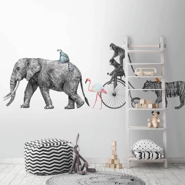 Fotobehang Circusdieren zwart - grijs - oranje - roze - wit - geel - vinyl - 350 x 255 x 1 cm