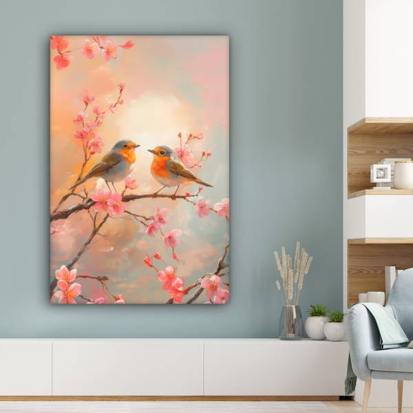 LEINWANDBILD Rotkehlchen Pink - Baumwollstoff - 80 x 120 x 2 cm
