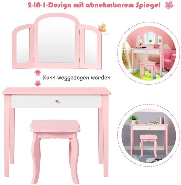 Kinder 2 in 1 Schminktisch Set Pink - Holzwerkstoff - 34 x 96 x 70 cm