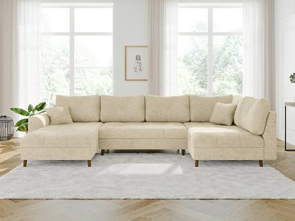 Wohnlandschaft und Hocker Sindre Beige - Ecke davorstehend links