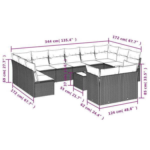 Garten-Lounge-Set 3035205-2 13-teilig Schwarz - Polyrattan - 62 x 69 x 62 cm