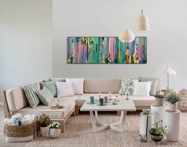 Tableau peint à la main Gouttes Couleur Coton - 150 x 50 x 4 cm