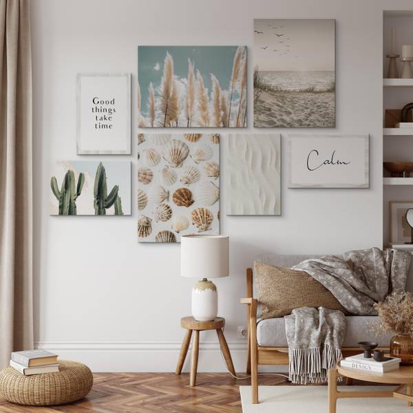 Leinwandbilder Set Strand Pflanzen Zitat Beige - Blau - Grün - Leinen - 110 x 80 x 80 cm