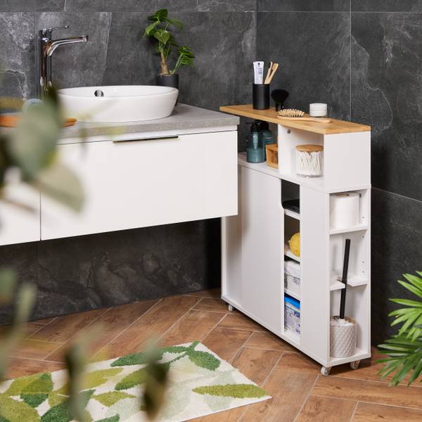 Badkamerkast smal met wielen bruin - wit - bamboe - plaatmateriaal op houtbasis - kunststof - 17 x 79 x 75 cm