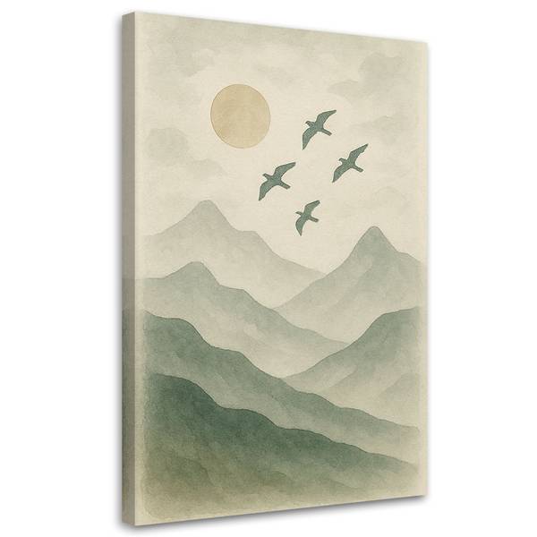 Wandbild vögel berge aquarell grün natur 60 x 90 cm
