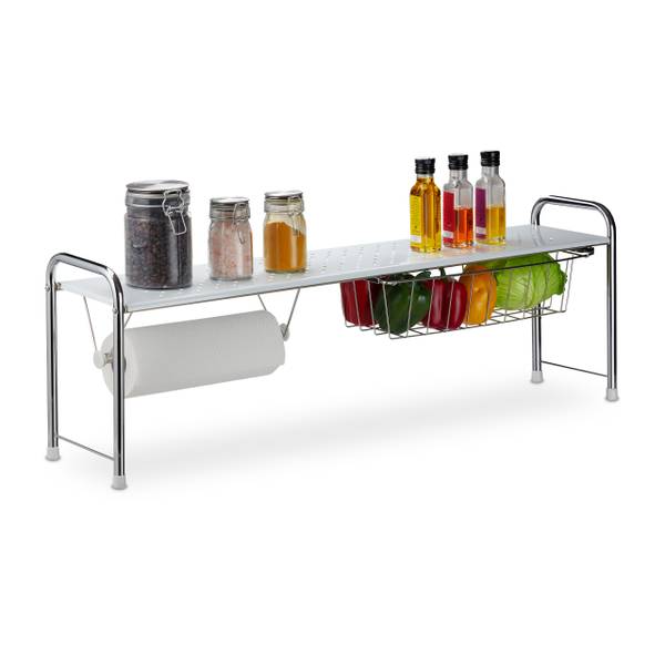 Etagère évier avec porte rouleau cuisine Argenté - Blanc - Acier - 94 x 32 x 23 cm