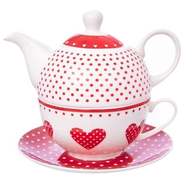Teekanne mit Tasse 3-tlg. Set Rot - Weiß - Porzellan - 16 x 15 x 17 cm