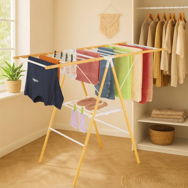 Klappbarer Wäscheständer mit Flügeln Braun - Weiß - Eisen - 148 x 100 x 56 cm