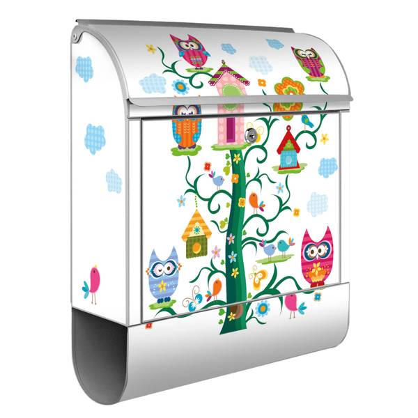 Briefkasten Stahl Eulenfamilie Grau - Stahl - 38 x 46 x 13 cm