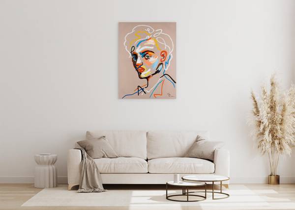Tableau peint à la main Portrait Elio Beige - Coton - 75 x 100 x 4 cm