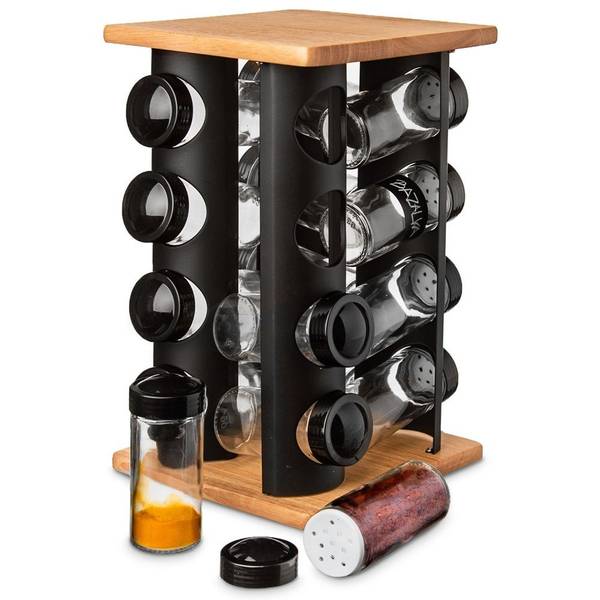 Gewürzständer mit Gläsern 17-tlg. Set Schwarz - Glas - Metall - Massivholz - 18 x 29 x 18 cm