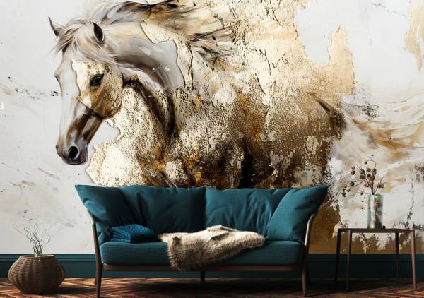Papier Peint CHEVAL Béton Abstraction Beige - 270 x 180 x 180 cm