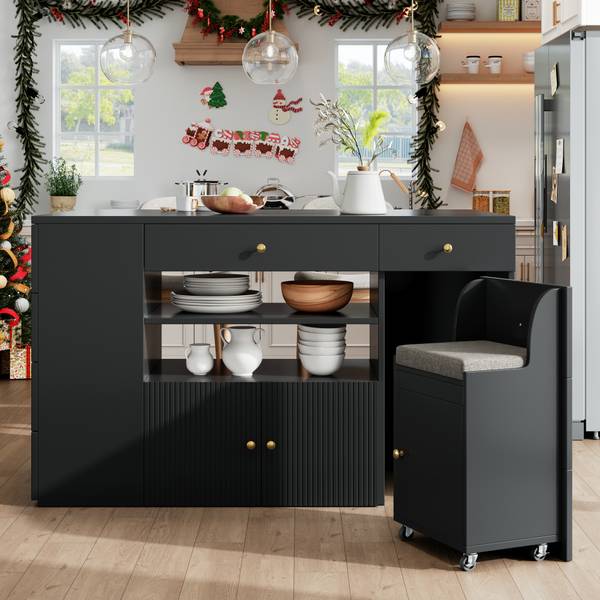 Kücheninsel mit Barhocker Thetis Ⅵ Schwarz - Holzwerkstoff - Metall - 70 x 91 x 140 cm