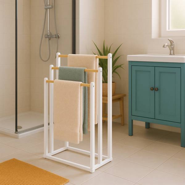 Handdoekrek met 3 bamboe stangen bruin - wit - ijzer - 45 x 76 x 22 cm