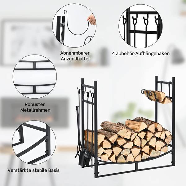 Kaminholzregal mit Kaminbesteck Set Schwarz - Metall - 33 x 76 x 76 cm