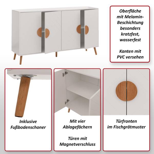 Sideboard N89 Weiß - Holzwerkstoff - Holz teilmassiv - 150 x 88 x 40 cm