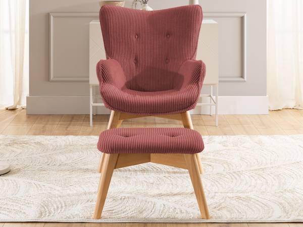 Loungefauteuil met hocker Lenari robijnrood - beukenhouten look
