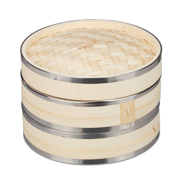 Bambus Dampfgarer 2 Etagen Braun - Silber - Holzverbundwerkstoff - 26 x 16 x 26 cm