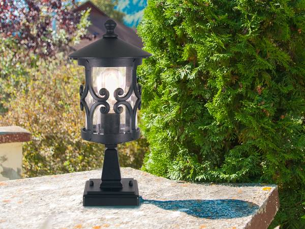LED Sockelleuchte Landhausstil, 34cm Schwarz - Aluminium - Klarglas - 15 x 34 x 21 cm