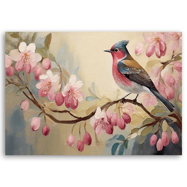 Wandbild vogel auf einem ast blumen 90 x 60 cm
