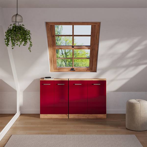 Kastenset voor schuine wand Rion 56006 hoogglans rood - eikenhouten look - Breedte: 140 cm