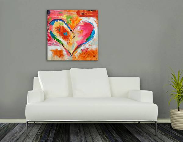 Malerei "Mehrfarbiges Herz" Strukturstoff - 80 x 80 x 3 cm