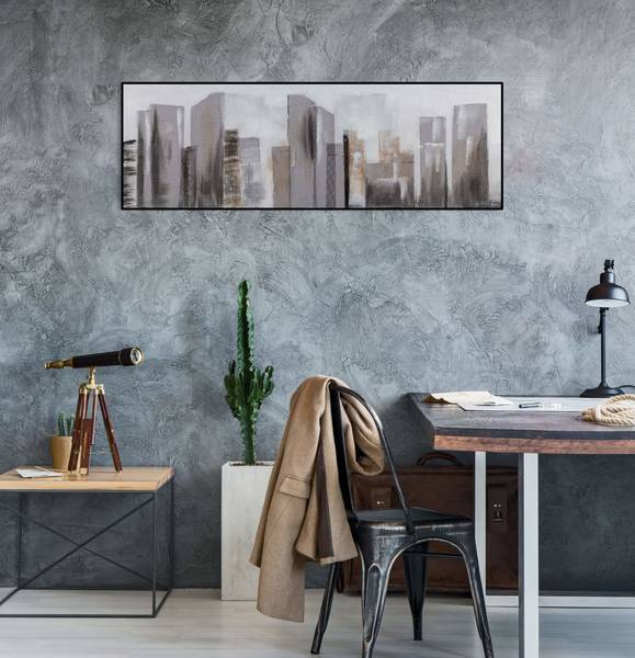Tableau peint à la main Espace Skyline Gris - Coton - 120 x 40 x 4 cm