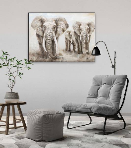 Acrylbild Handgemalt Elefant Zam Grau - Baumwollstoff - 100 x 75 x 4 cm