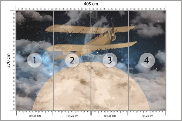 Fototapete FLUGZEUG Mond Sterne Wolken 405 x 270 x 270 cm