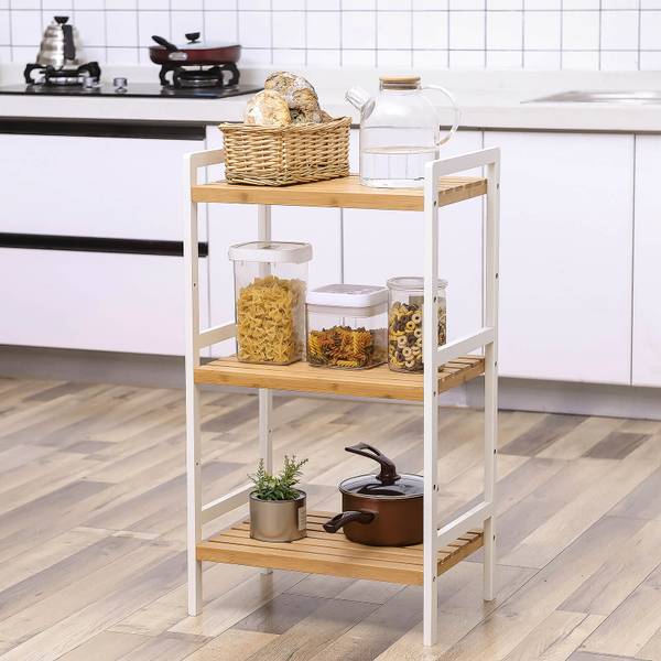 Standregal Küchenregal Akron Weiß - Bambus - 32 x 80 x 45 cm