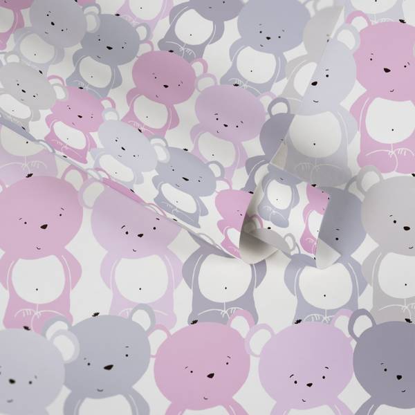 Kinderzimmertapete Bärchen Pink Grau Grau - Rosé - Weiß