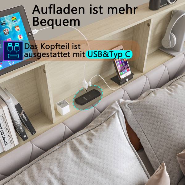 Doppelbett mit Stauraum-Kopfteil HDNB Liegefläche Breite: 140 cm