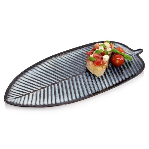 Servierteller Tokio Blattoptik Schwarz - Blau - Stein - 40 x 12 x 23 cm