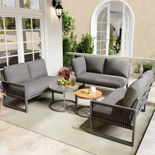 Gartenmöbel-Set MetaRopeNatur 5-teilig Grau - Holzwerkstoff - Glas - Metall - Kunststoff - Textil - 233 x 86 x 178 cm
