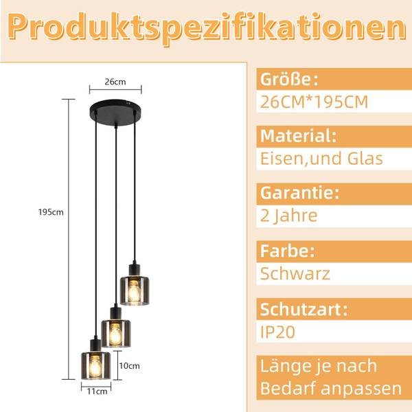 Pendelleuchte 76UG Schwarz - Grau - 26 x 195 x 26 cm