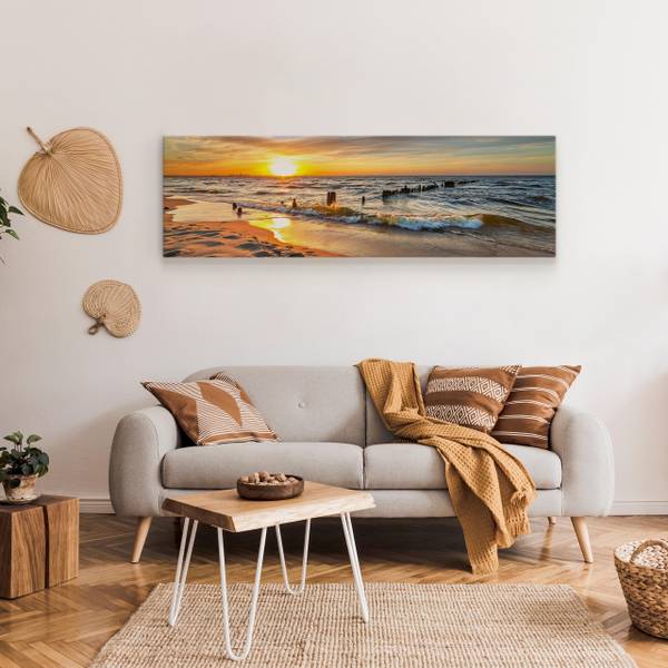 Tableau Coucher De Soleil Paysage 3D Beige - Orange - Jaune - Lin - 145 x 45 x 45 cm