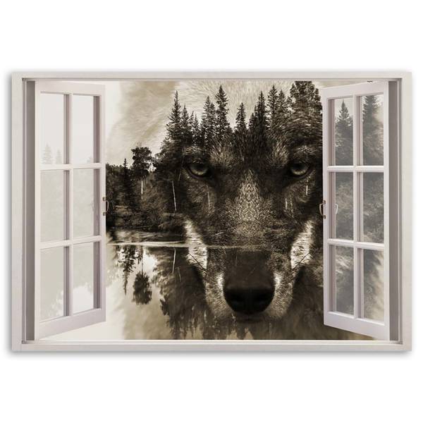Canvas schilderij wolf in het raam 120 x 80 cm
