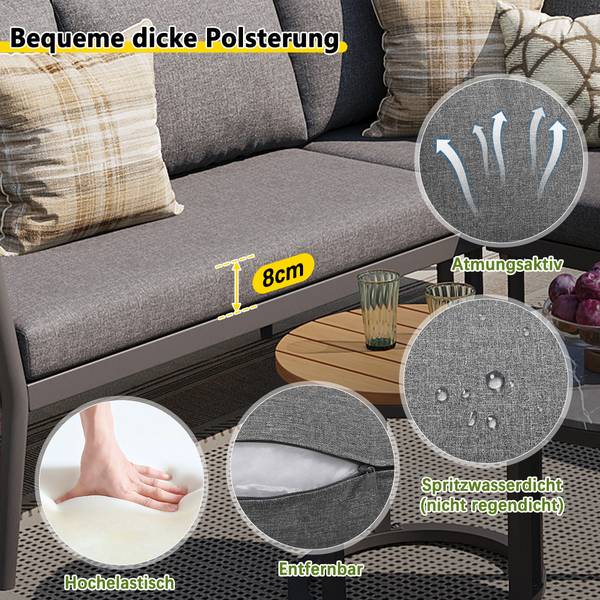 Set lounge jardin Gaia II (6-él.) Gris - Verre - Métal - Matière plastique - Textile - 176 x 75 x 176 cm