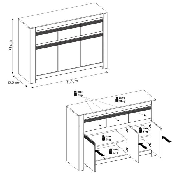 Sideboard NAVA-129-3 Weiß - Holzwerkstoff - 130 x 92 x 42 cm