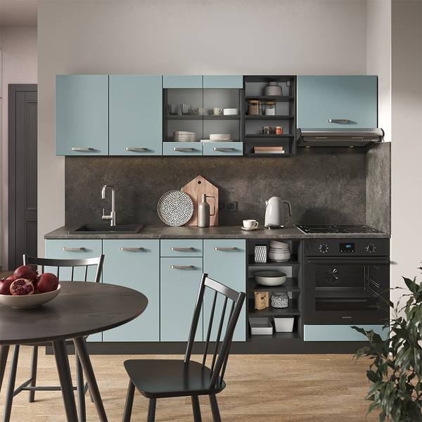 Küchenzeile R-Line 42979 Anthrazit - Blau / Grau
