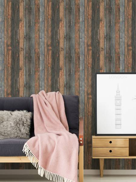Tapete Holzdielen Braun Grau Beige - Braun - Grau - Fleece - 53 x 1005 x 1 cm