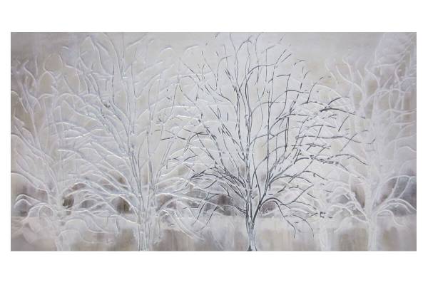 Tableau peint à la main Branche argentée Beige - Blanc - Coton - 120 x 60 x 4 cm