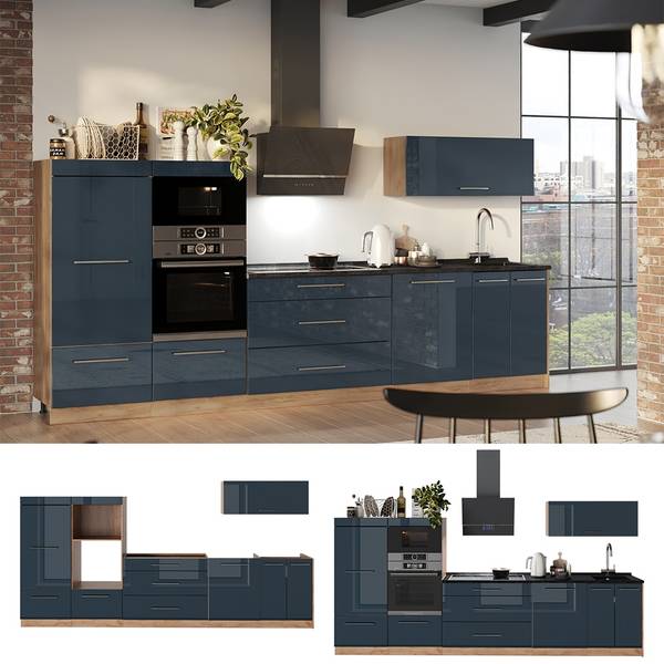 Küchenzeile Fame-Line 65754 Blau - Braun - Stahl - 340 x 154 x 60 cm